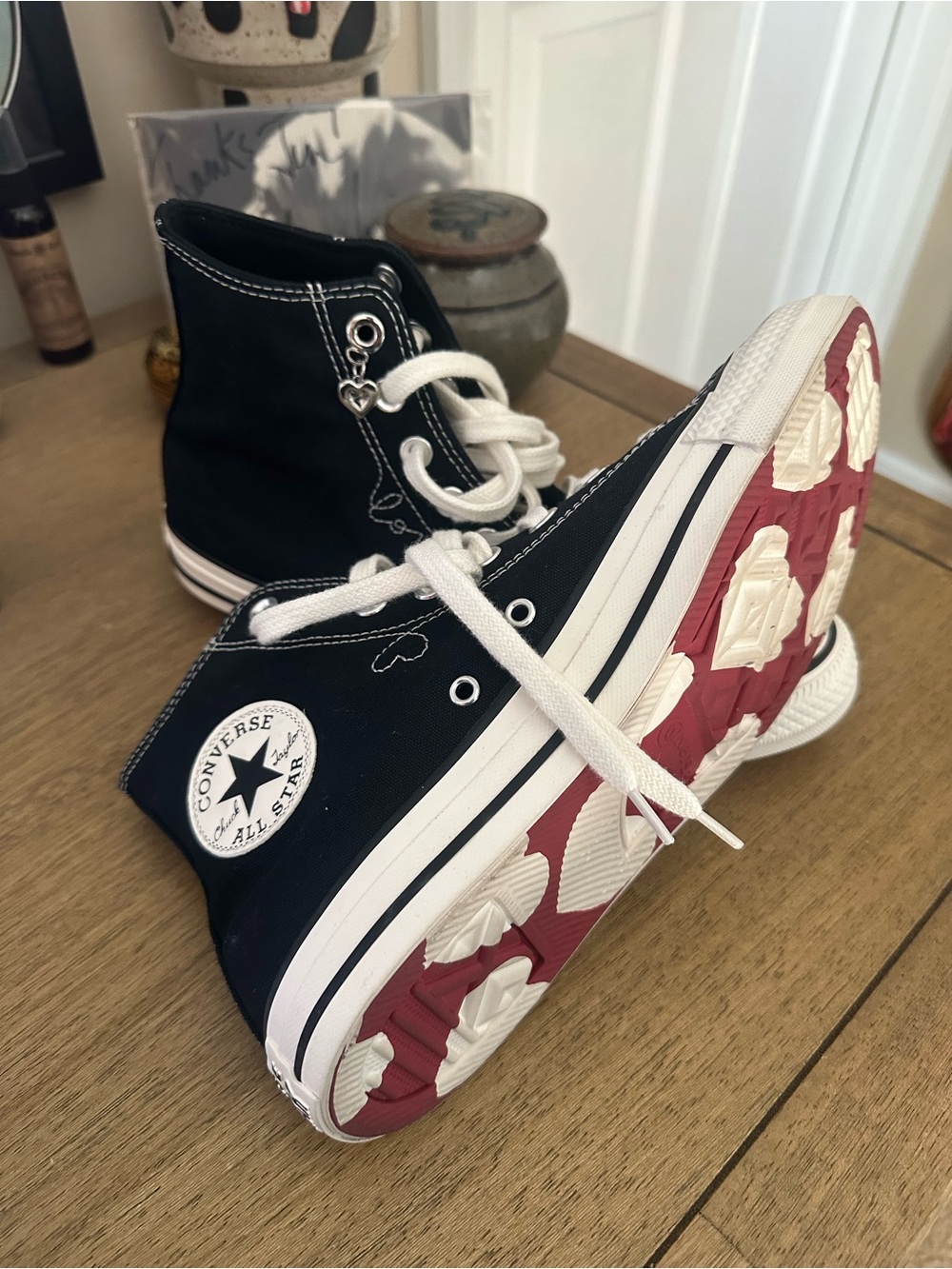 Converse Black and White Valentine’s High Top Sneakers with Heart Soles